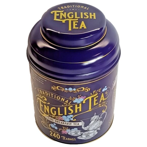 English Tea Tin Navy Blue Victorian Style Round Large Decorative Storage Empty - Picture 2 of 7